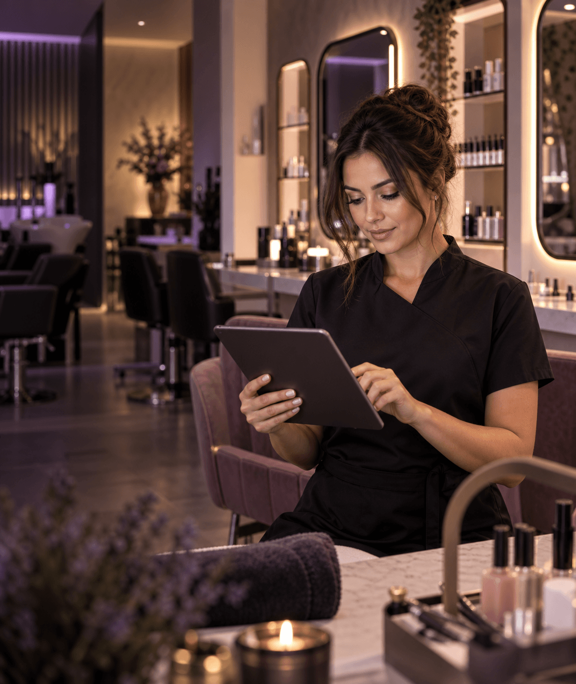 Profesional de belleza organizando su salón con una tablet